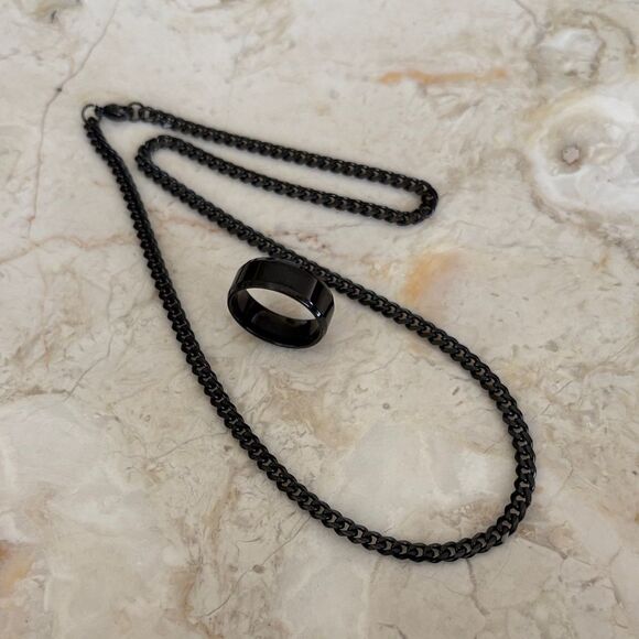 Black Stainless Steel Ring & Matching 20” Chain - Picture 2 of 7